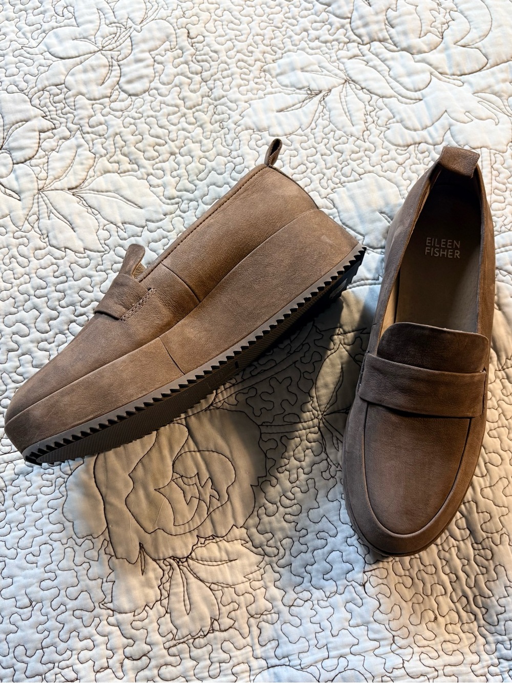 💥 Eileen Fisher Max Nubuck Leather Wedge Platform Loafers Taupe Sz 7 🧡